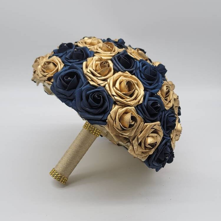 Gold and Navy Wedding Bouquet Made With Real Touch Roses, Bridal Bouquet, Bridesmaid Bouquet and Matching Boutonniere and Corsages Available