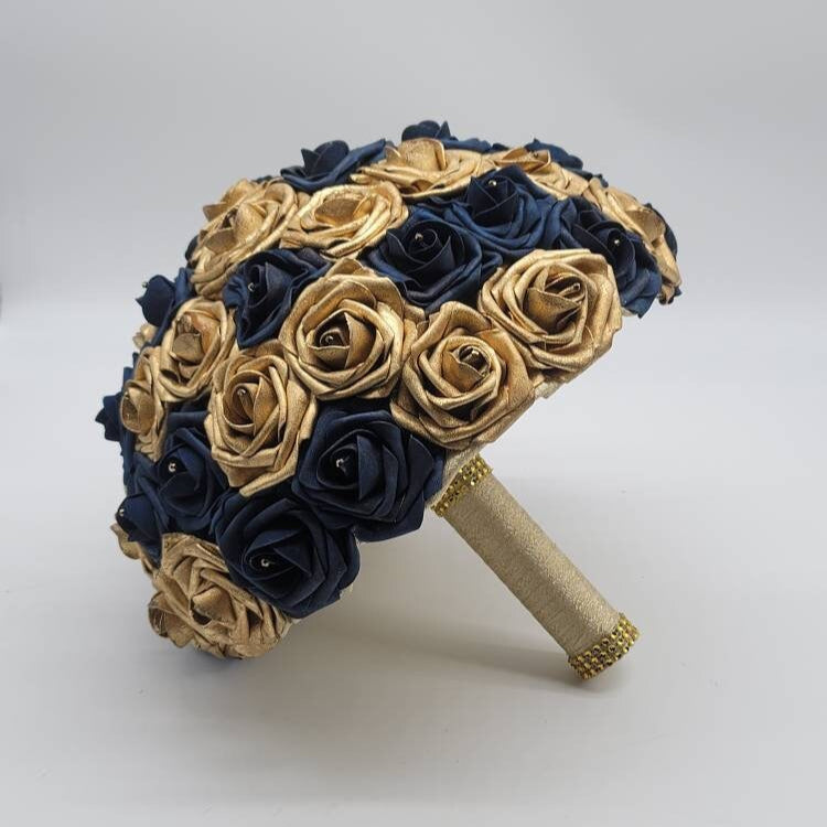 Gold and Navy Wedding Bouquet Made With Real Touch Roses, Bridal Bouquet, Bridesmaid Bouquet and Matching Boutonniere and Corsages Available