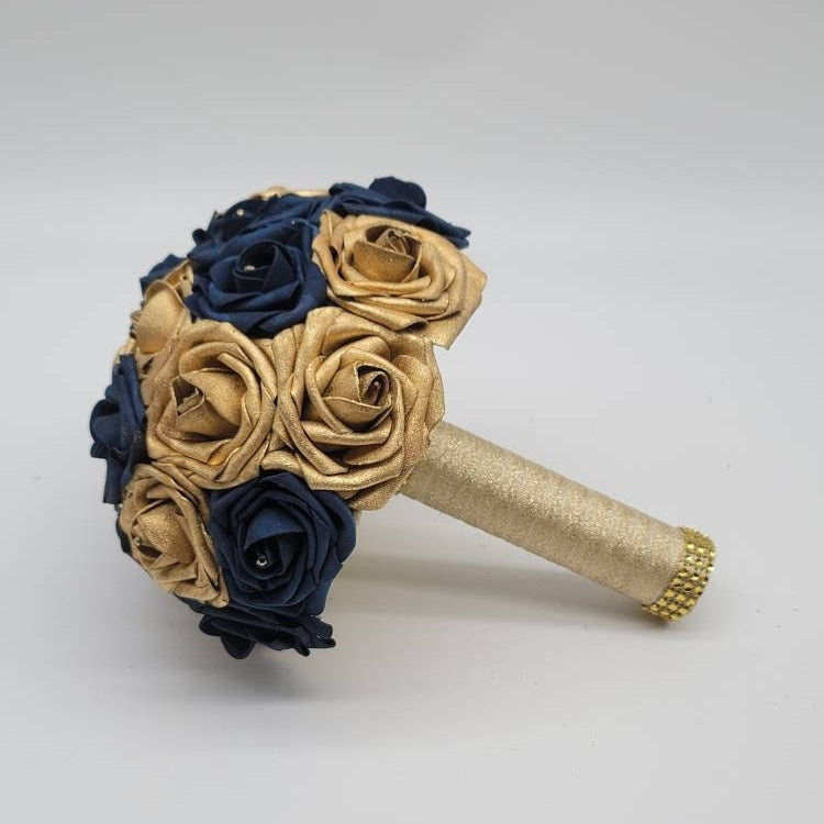 Gold and Navy Wedding Bouquet Made With Real Touch Roses, Bridal Bouquet, Bridesmaid Bouquet and Matching Boutonniere and Corsages Available