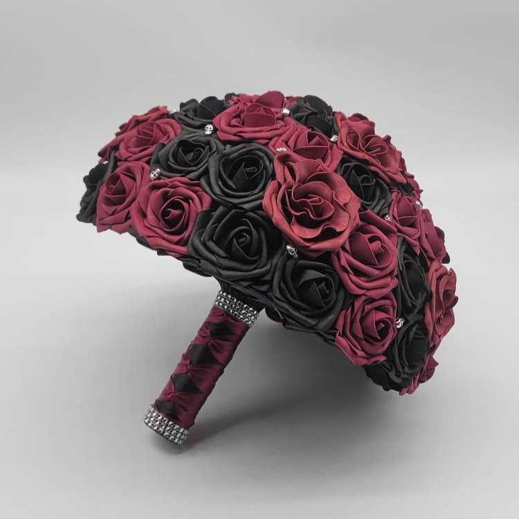 Gothic Skull Black And Burgundy Wedding Bouquet, Bridal Bouquet, Bridesmaid Bouquet, Matching Boutonnieres and Corsages, Halloween Wedding