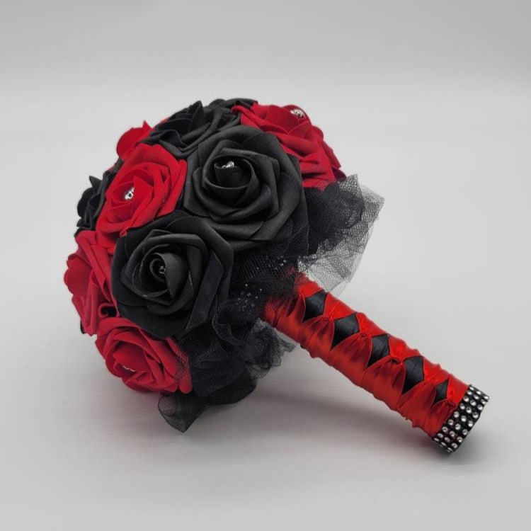 Gothic Skull Red Wedding Bouquet, Bridal Bouquet, Bridesmaid Bouquet, Matching Corsages and Boutonnieres, Halloween Wedding