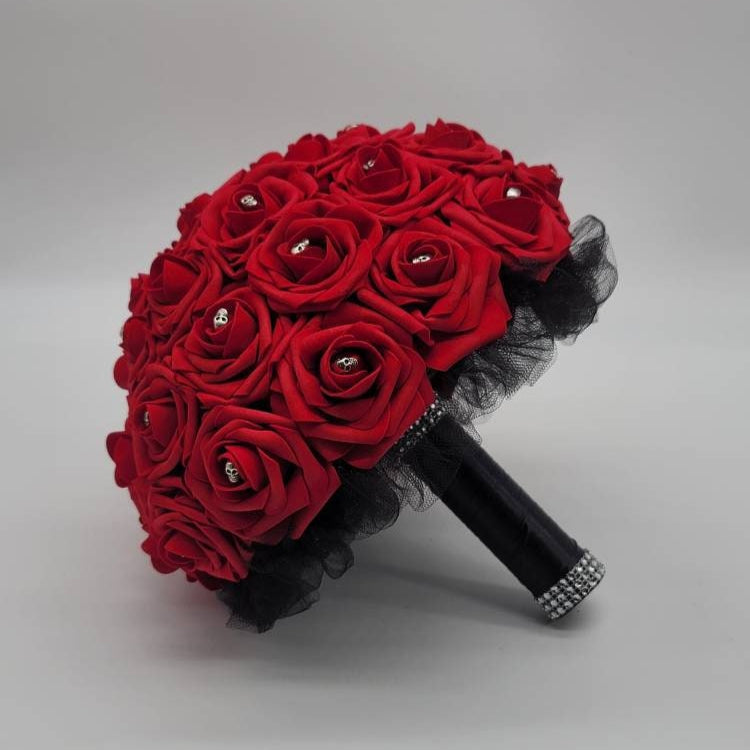 Gothic Skull Red And Black Wedding Bouquet, Bridal Bouquet, Bridesmaid Bouquet, Matching Corsages and Boutonnieres, Halloween Bouquet