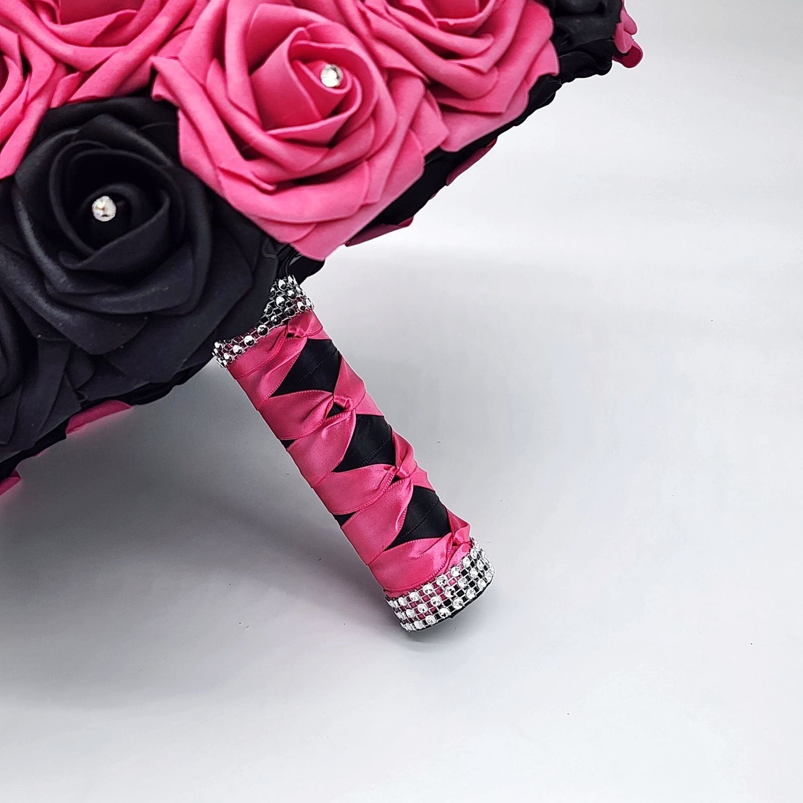 Hot Pink and Black Wedding Bouquet Made With Real Touch Roses, Bridal Bouquet, Bridesmaid Bouquet and Matching Boutonnieres and Corsages
