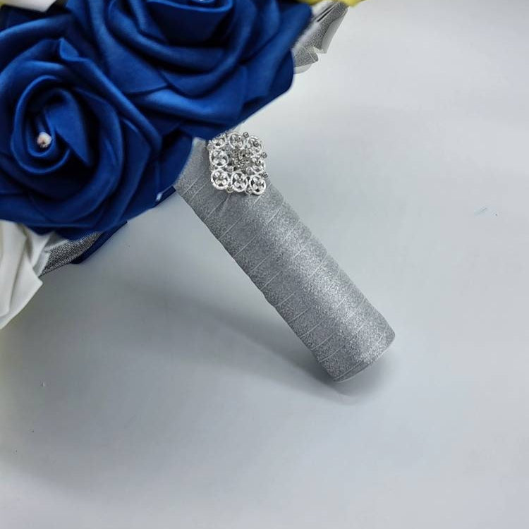 Royal Blue, Yellow, & White Wedding Bouquet Made w/Real Touch Roses, Bridal Bouquet, Bridesmaid Bouquet/ Matching Boutonnieres and Corsages