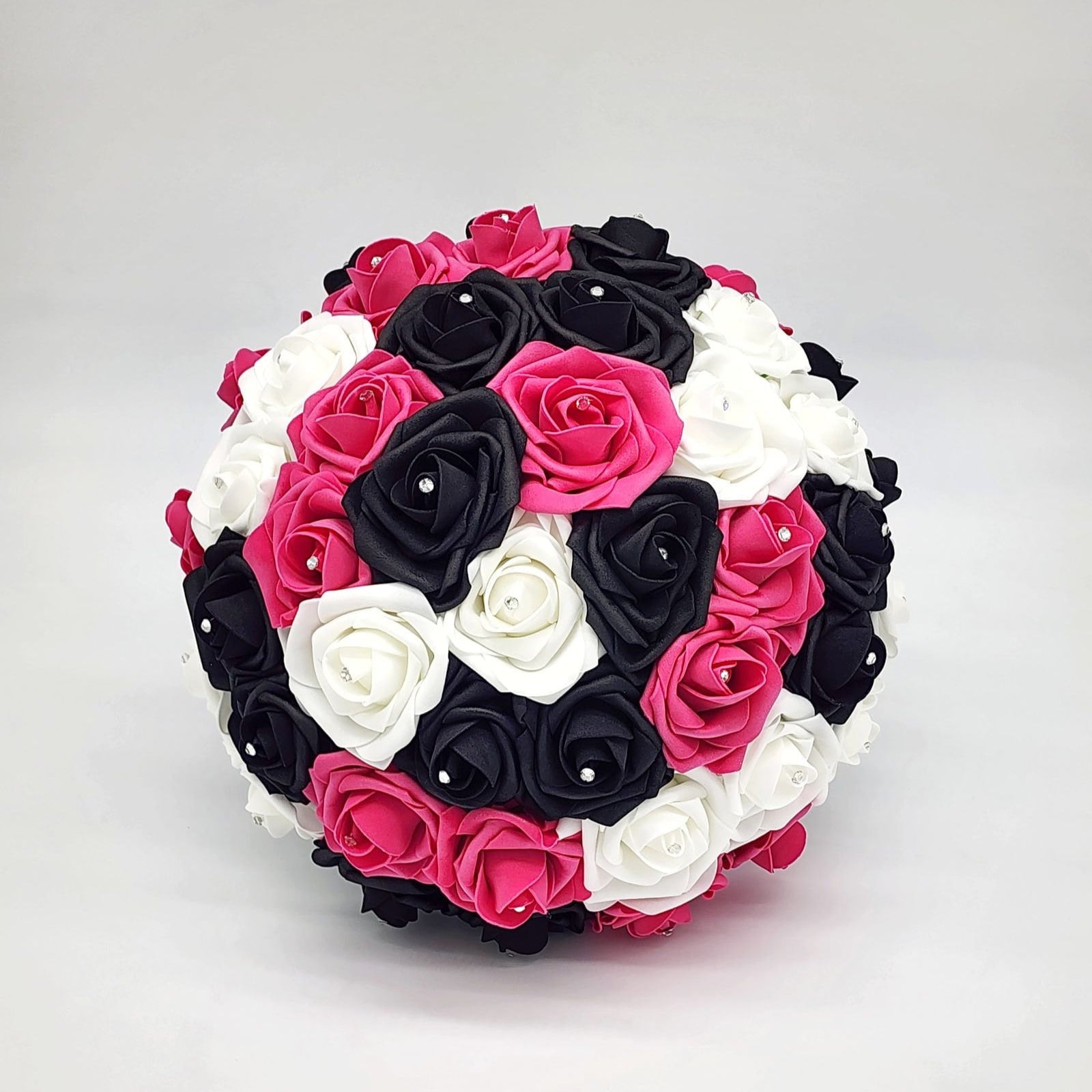 Hot Pink, Black, & White Wedding Bouquet Made With Real Touch Roses, Bridal Bouquet, Bridesmaid Bouquet and Matching Boutonniere and Corsage