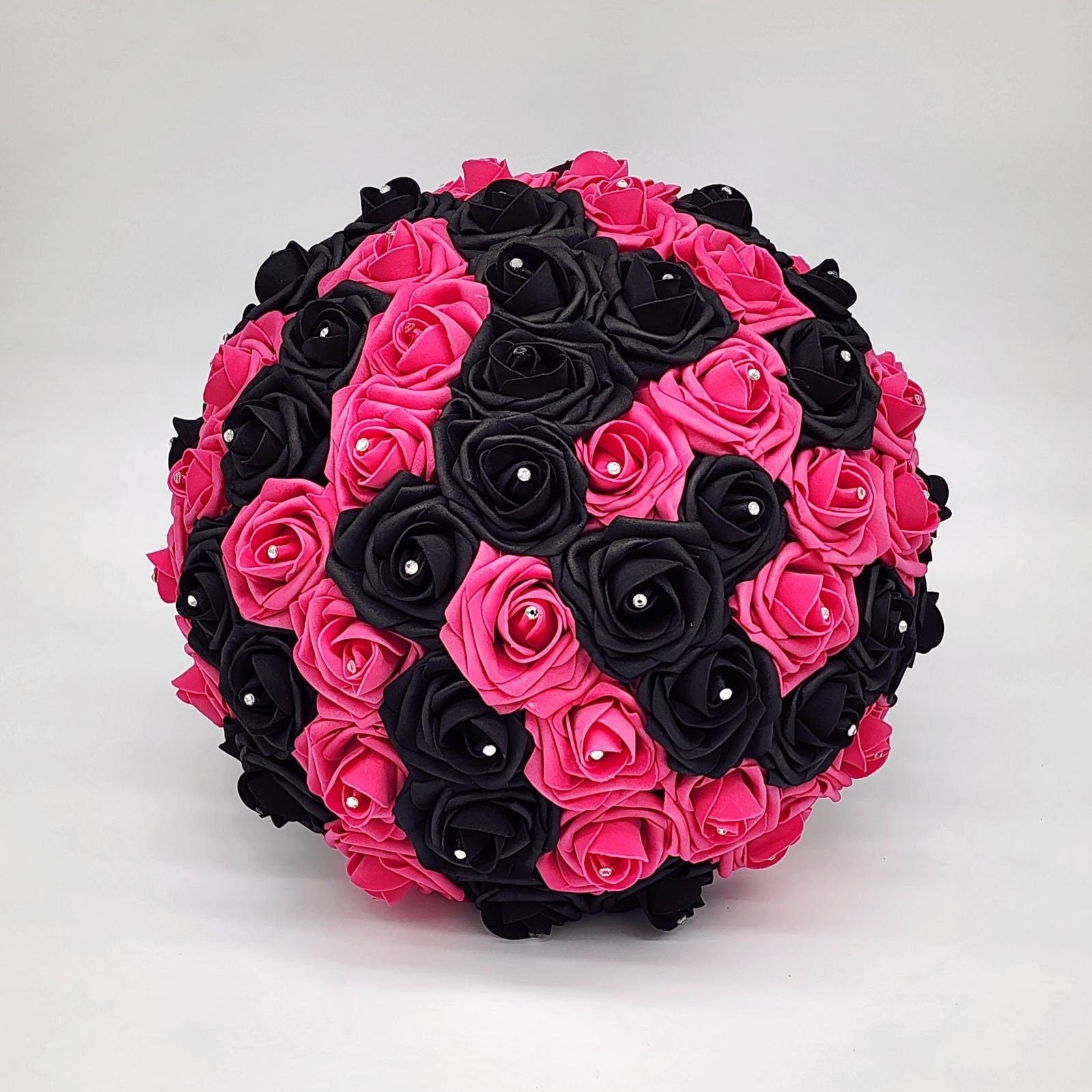 Hot Pink and Black Wedding Bouquet Made With Real Touch Roses, Bridal Bouquet, Bridesmaid Bouquet and Matching Boutonnieres and Corsages