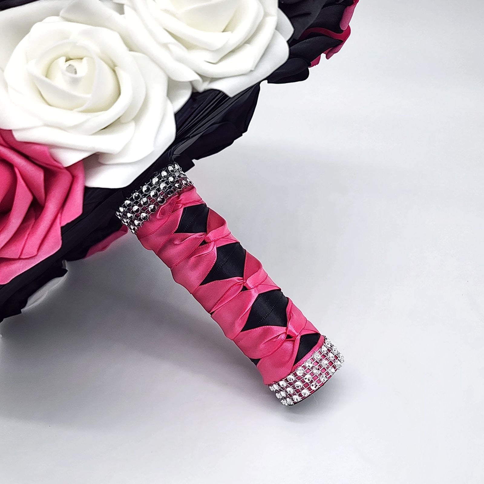 Hot Pink, Black, & White Wedding Bouquet Made With Real Touch Roses, Bridal Bouquet, Bridesmaid Bouquet and Matching Boutonniere and Corsage