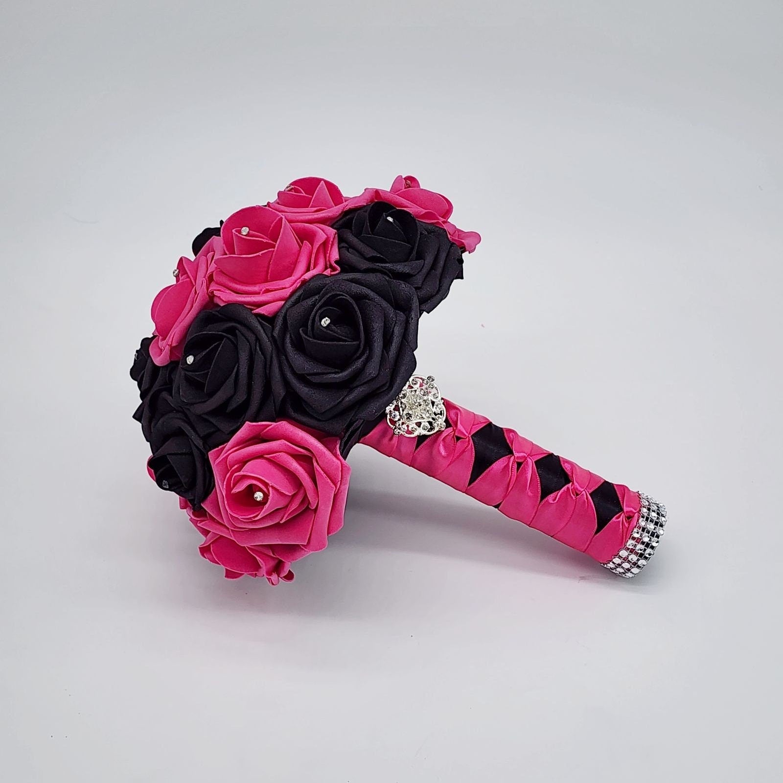 Hot Pink and Black Wedding Bouquet Made With Real Touch Roses, Bridal Bouquet, Bridesmaid Bouquet and Matching Boutonnieres and Corsages