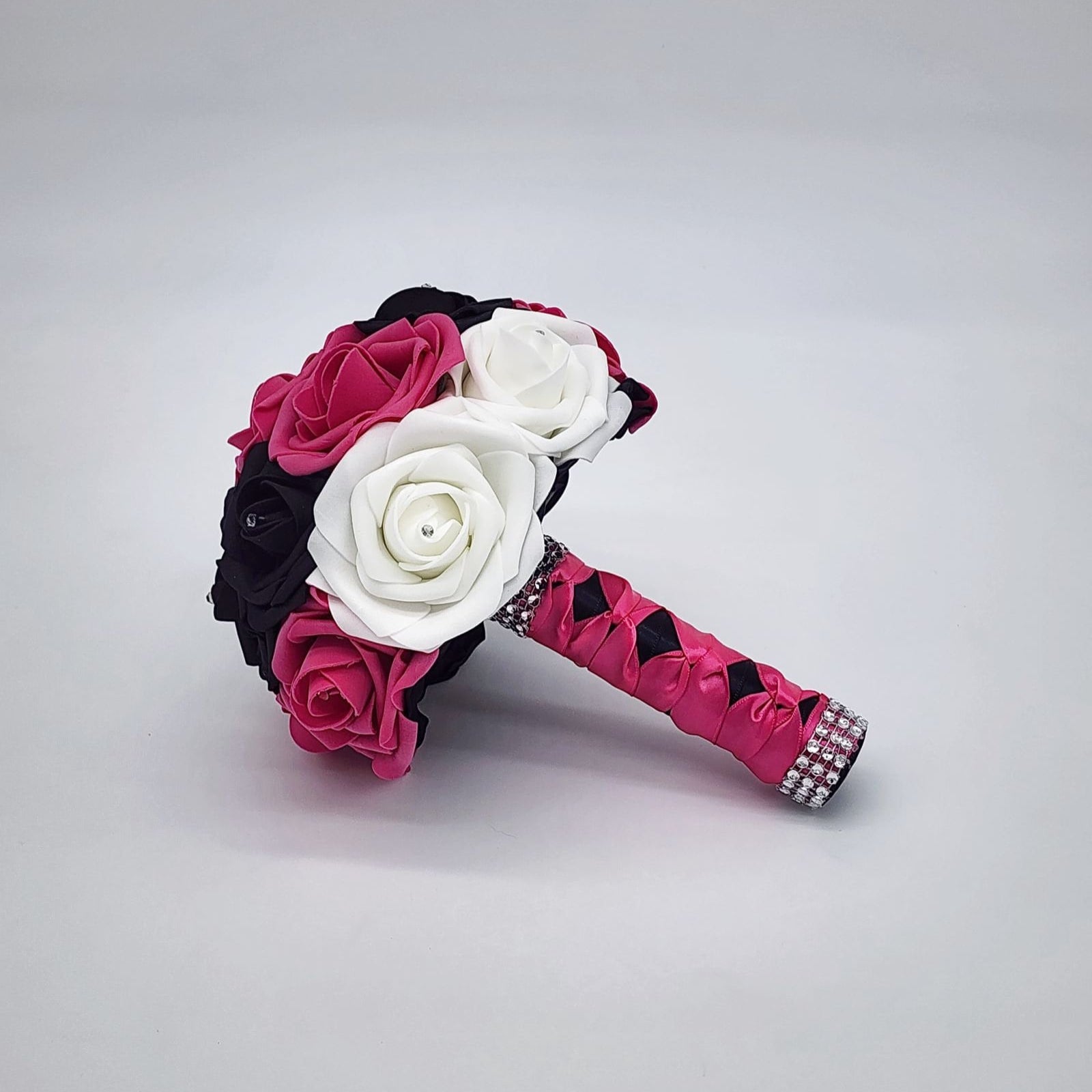 Hot Pink, Black, & White Wedding Bouquet Made With Real Touch Roses, Bridal Bouquet, Bridesmaid Bouquet and Matching Boutonniere and Corsage