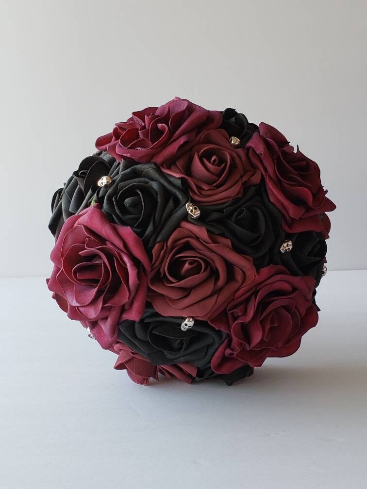Gothic Skull Black And Burgundy Wedding Bouquet, Bridal Bouquet, Bridesmaid Bouquet, Matching Boutonnieres and Corsages, Halloween Wedding