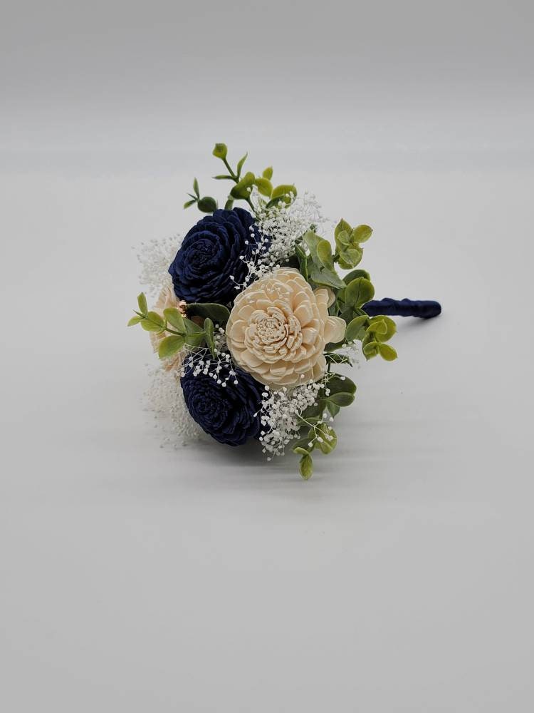 Navy Blue And White Sola Wood Flower Wedding Bouquet with Rose Gold Balls And Eucalyptus, Bridal Bouquet, Bridesmaid bouquet.