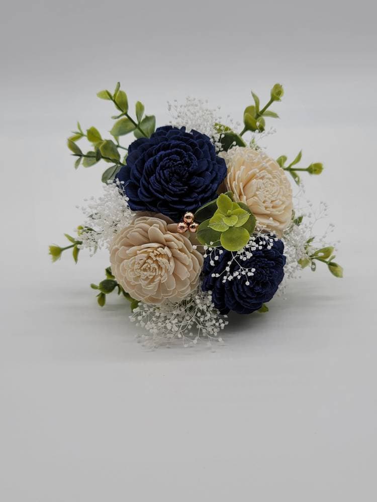 Navy Blue And White Sola Wood Flower Wedding Bouquet with Rose Gold Balls And Eucalyptus, Bridal Bouquet, Bridesmaid bouquet.