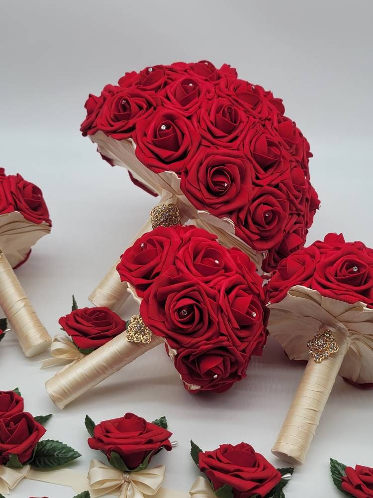 Red Bridal Bouquet, Red And Ivory Bouquet, Bridesmaids Bouquet,Toss Bouquet,Matching Boutonnieres & Corsages, Available In 27 Colors