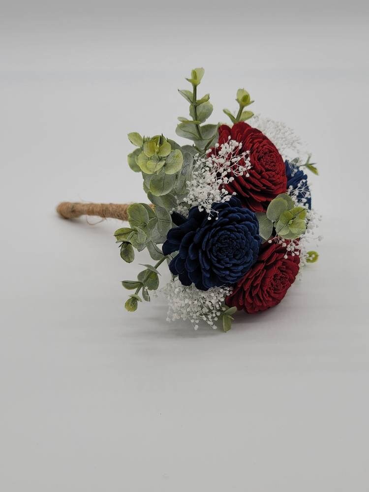 Burgundy & Navy Blue Sola Wood Flower Wedding Bouquet with Frosted Eucalyptus Greenery and Burlap Ribbon,Bridal Bouquet,Bridesmaid Bouquet.