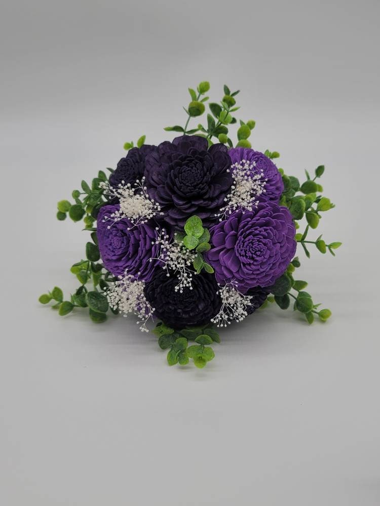 Dark Purple And Lavender Sola Wood flower Wedding Bouquet with Frosted Eucalyptus Greenery & Burlap Ribbon,Bridal Bouquet,Bridesmaid Bouquet
