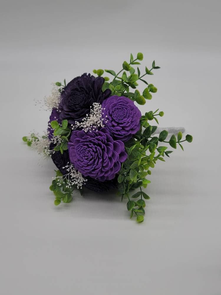 Dark Purple And Lavender Sola Wood flower Wedding Bouquet with Frosted Eucalyptus Greenery & Burlap Ribbon,Bridal Bouquet,Bridesmaid Bouquet