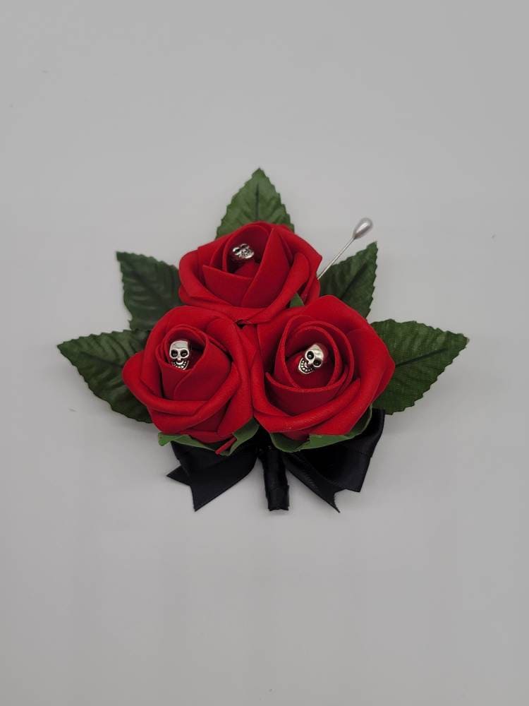 Gothic Skull Red And Black Boutonnieres and Corsages, Corsages available in pin on and wrist, Matching Bouquets Available