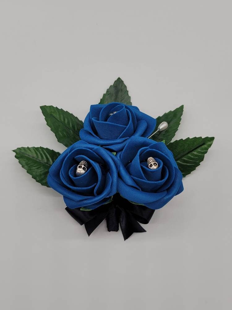 Royal Blue And Black Skull Boutonniere and Corsages, Corsages available in pin on and wrist, Halloween Wedding