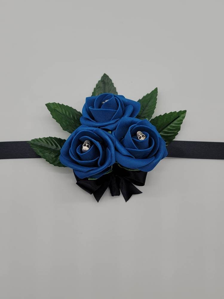 Royal Blue And Black Skull Boutonniere and Corsages, Corsages available in pin on and wrist, Halloween Wedding
