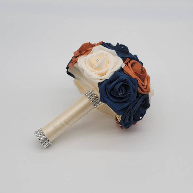 Burnt Orange, Navy, & Cream Wedding Bouquet Made w/ Real Touch Roses, Bridal Bouquet, Bridesmaid Bouquet/ Matching Boutonniere and Corsages