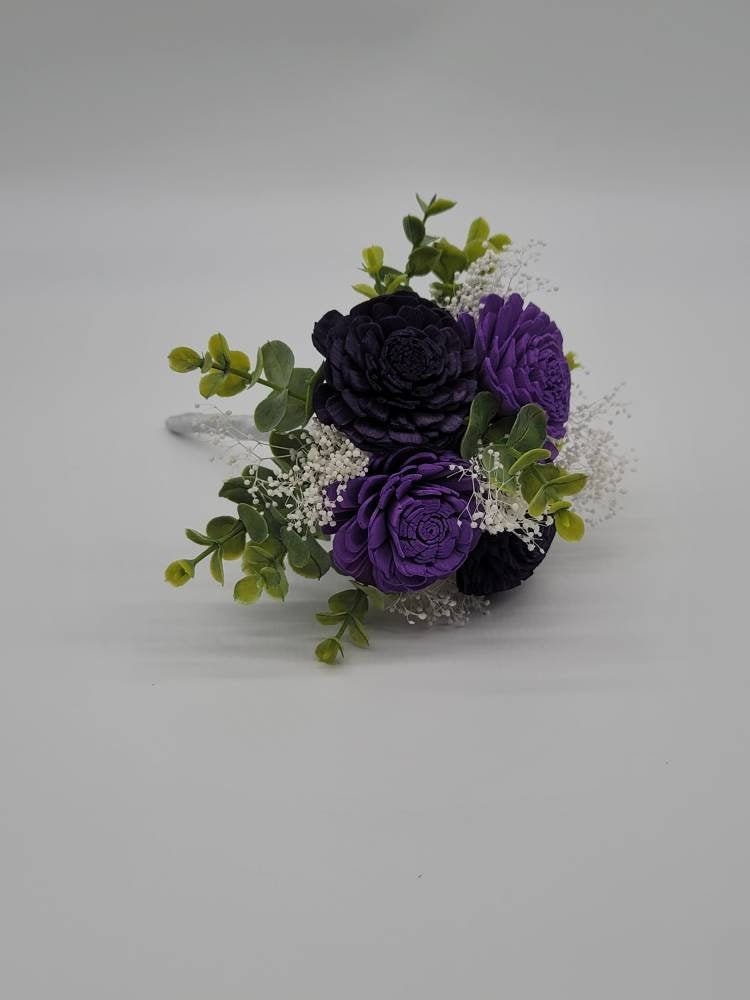 Dark Purple And Lavender Sola Wood flower Wedding Bouquet with Frosted Eucalyptus Greenery & Burlap Ribbon,Bridal Bouquet,Bridesmaid Bouquet