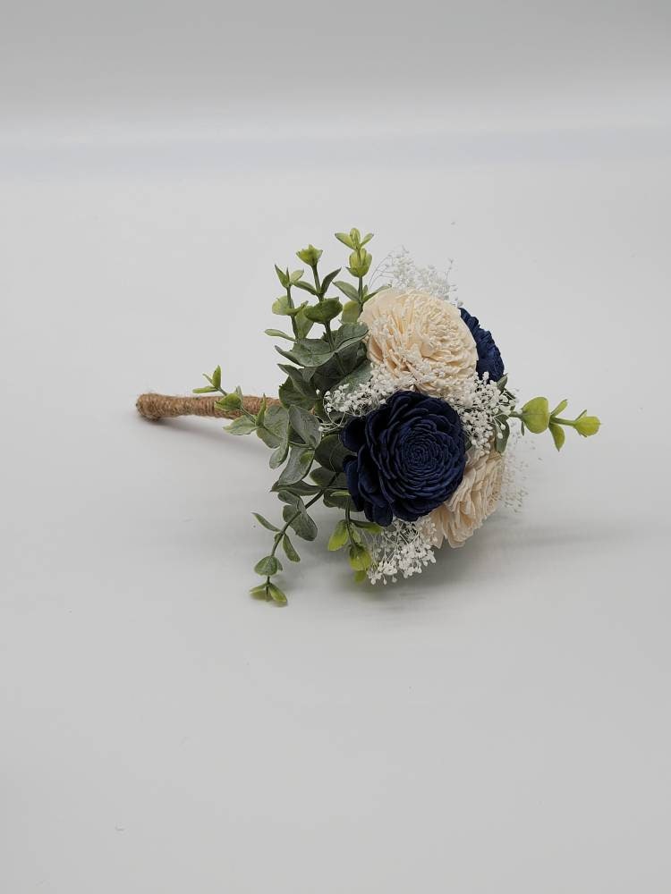 Navy Blue and White Sola Wood Bouquet with Eucalyptus and Baby's Breath