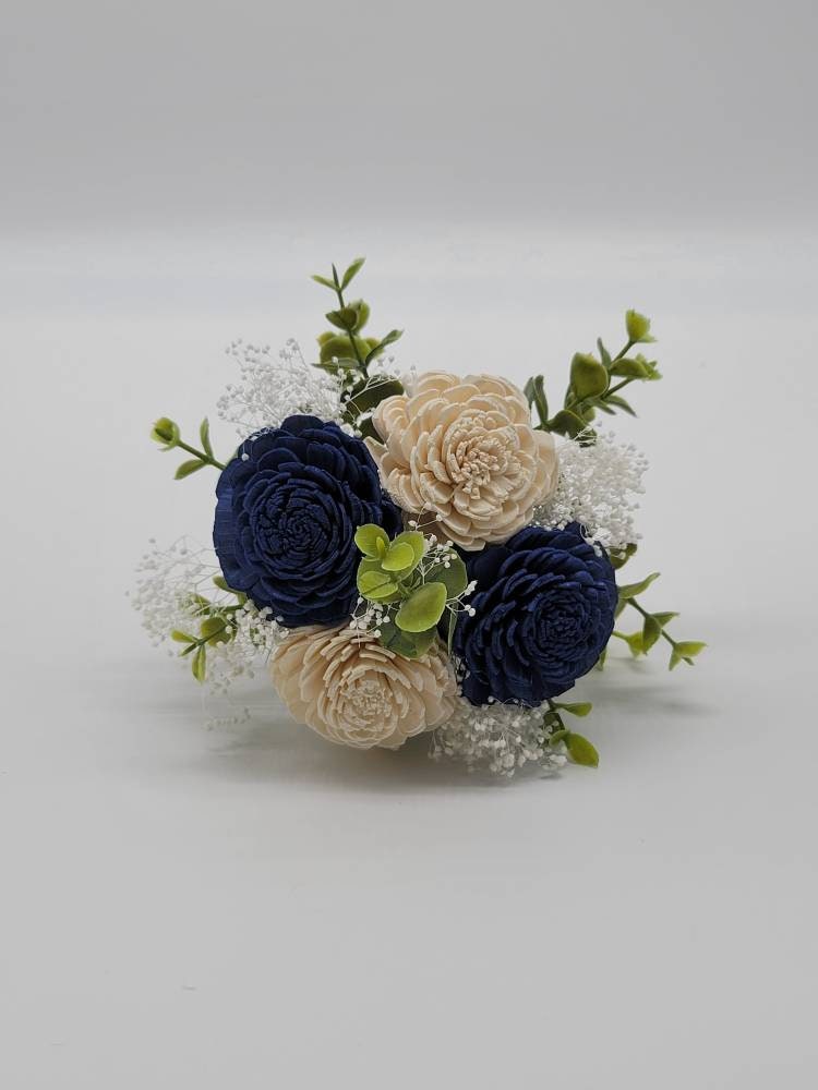Navy and white sola wood flower bouquet with eucalyptus and babys breath