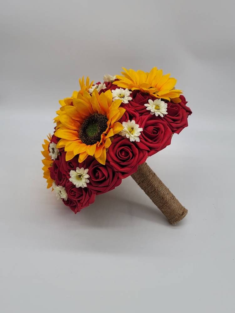 Sunflower Bridal Bouquet,red bouquet,rustic,burlap Bridesmaids Bouquet,Toss Bouquet,Matching Boutonnieres & Corsages, Available In 27 Colors