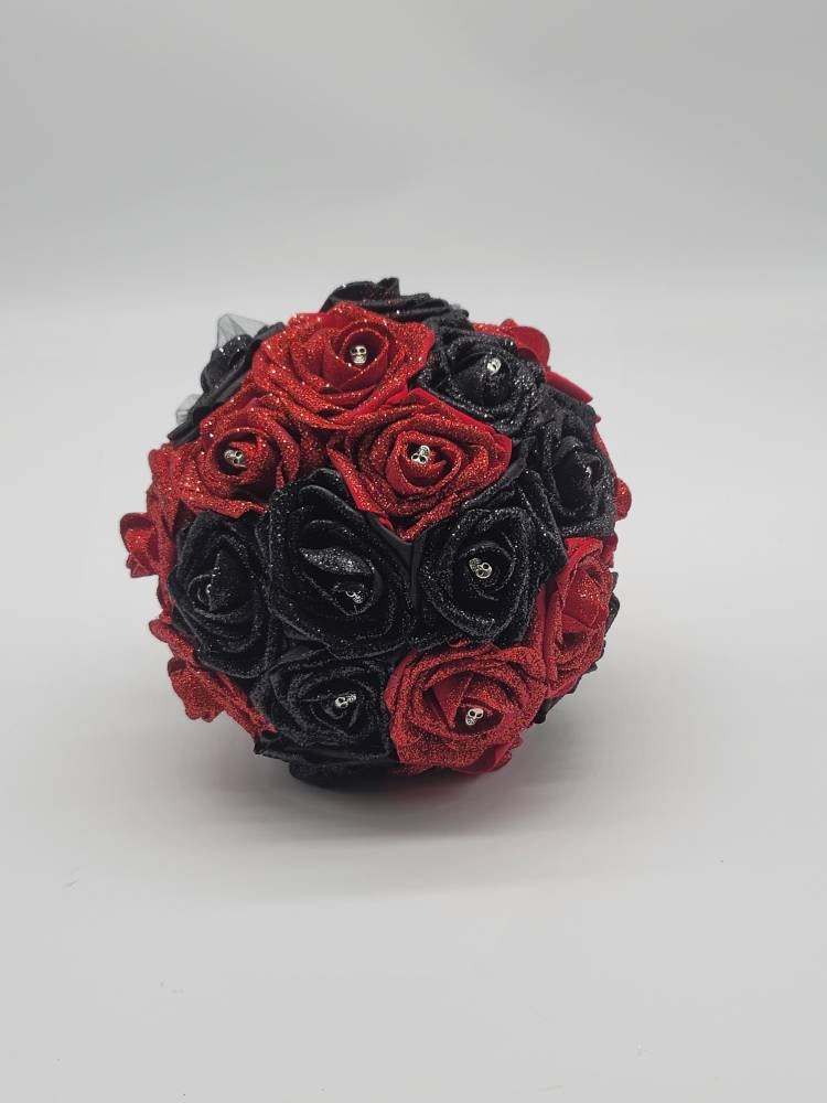 Glitter Red And Black Gothic Skull Bouquet, Bridal Bouquet, Bridesmaid Bouquet, Matching Corsages and Boutonnieres, Halloween Wedding