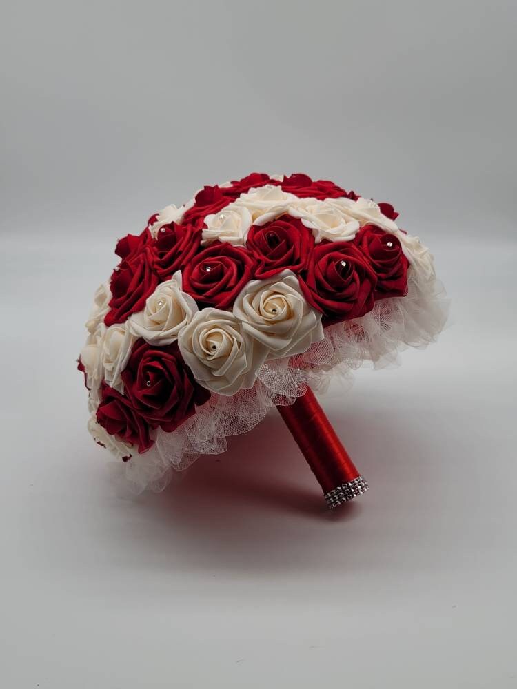 Red and cream bridal bouquet, red bouquet, red and white bouquet, red wedding bouquet, red bridesmaids bouquet, roses, rhinestones, brooch
