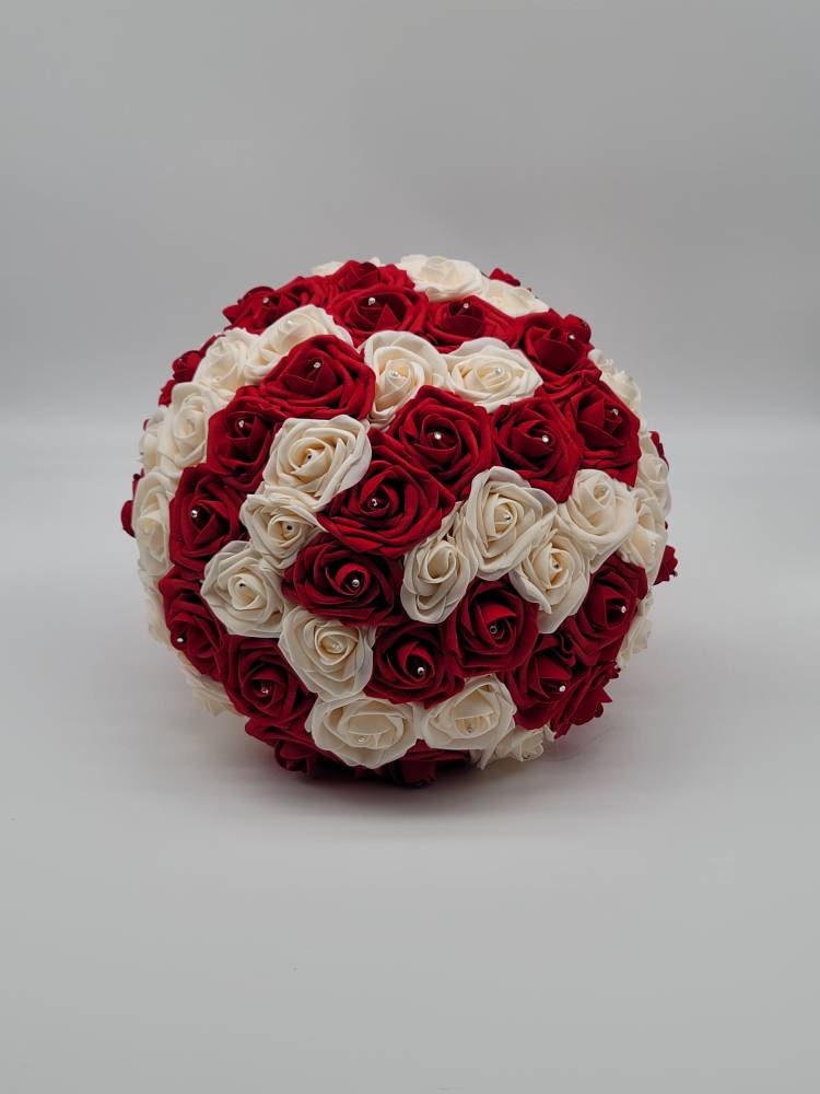 Red and cream bridal bouquet, red bouquet, red and white bouquet, red wedding bouquet, red bridesmaids bouquet, roses, rhinestones, brooch