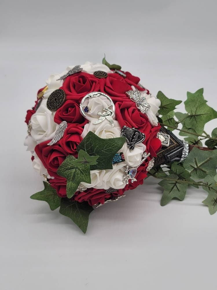 Sword Bridal Bouquet, Fantasy,Vikings, Red and White bouquet,Themed,Available in 27 Colors,Boutonnieres and Corsages Available
