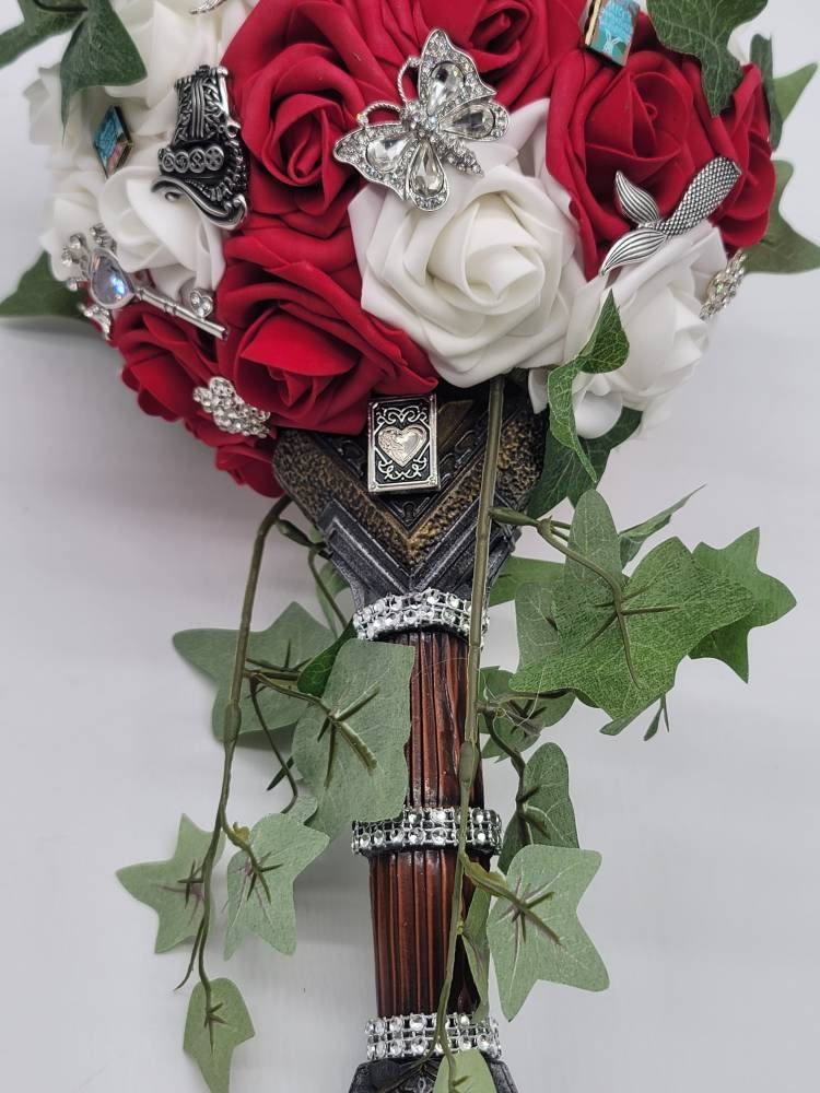 Sword Bridal Bouquet, Fantasy,Vikings, Red and White bouquet,Themed,Available in 27 Colors,Boutonnieres and Corsages Available
