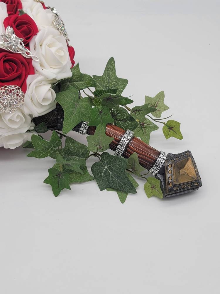 Sword Bridal Bouquet, Fantasy,Vikings, Red and White bouquet,Themed,Available in 27 Colors,Boutonnieres and Corsages Available