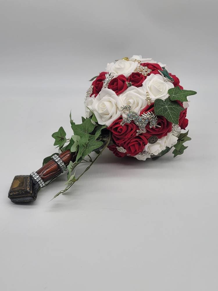 Sword Bridal Bouquet, Fantasy,Vikings, Red and White bouquet,Themed,Available in 27 Colors,Boutonnieres and Corsages Available