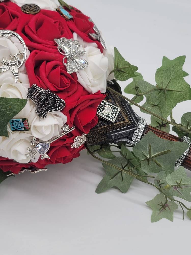 Sword Bridal Bouquet, Fantasy,Vikings, Red and White bouquet,Themed,Available in 27 Colors,Boutonnieres and Corsages Available