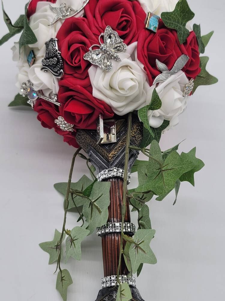 Sword Bridal Bouquet, Fantasy,Vikings, Red and White bouquet,Themed,Available in 27 Colors,Boutonnieres and Corsages Available
