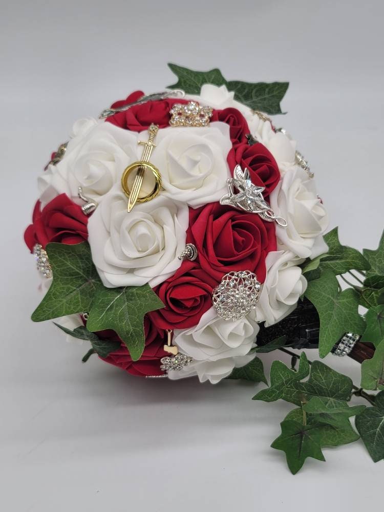 Sword Bridal Bouquet, Fantasy,Vikings, Red and White bouquet,Themed,Available in 27 Colors,Boutonnieres and Corsages Available