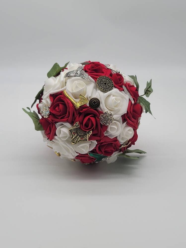 Sword Bridal Bouquet, Fantasy,Vikings, Red and White bouquet,Themed,Available in 27 Colors,Boutonnieres and Corsages Available