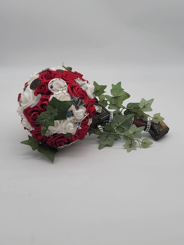 Sword Bridal Bouquet, Fantasy,Vikings, Red and White bouquet,Themed,Available in 27 Colors,Boutonnieres and Corsages Available