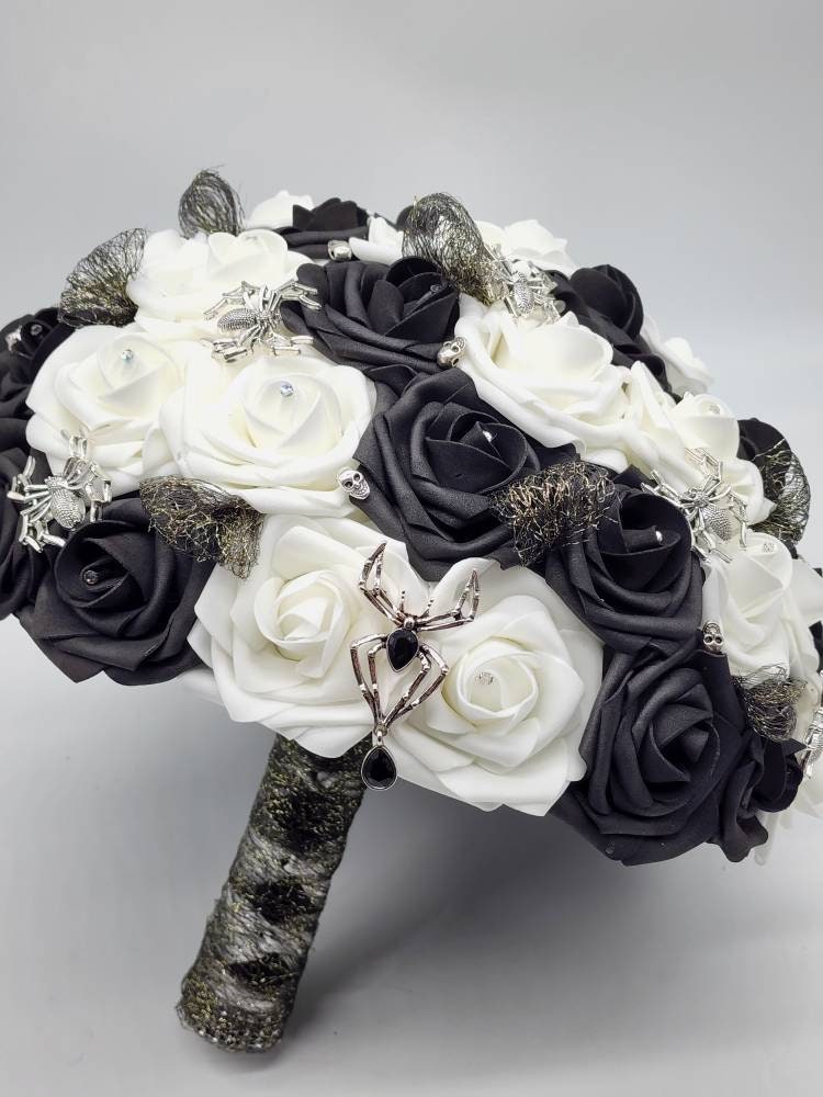 Dark purple and Black Spiderweb and Skull Bridal Bouquet,Available in 27 Colors,Halloween,Gothic, Boutonnieres and Corsages Available