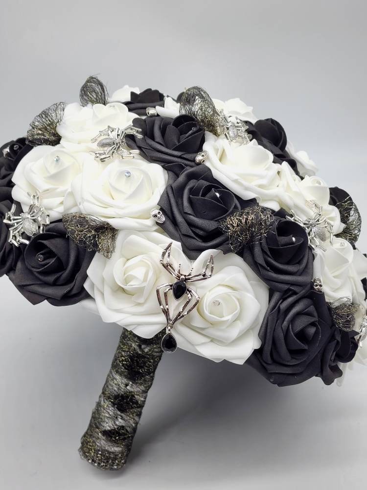 Black and White Spiderweb and Skull Bridal Bouquet,Available in 27 Colors,Halloween,Gothic, Boutonnieres and Corsages Available