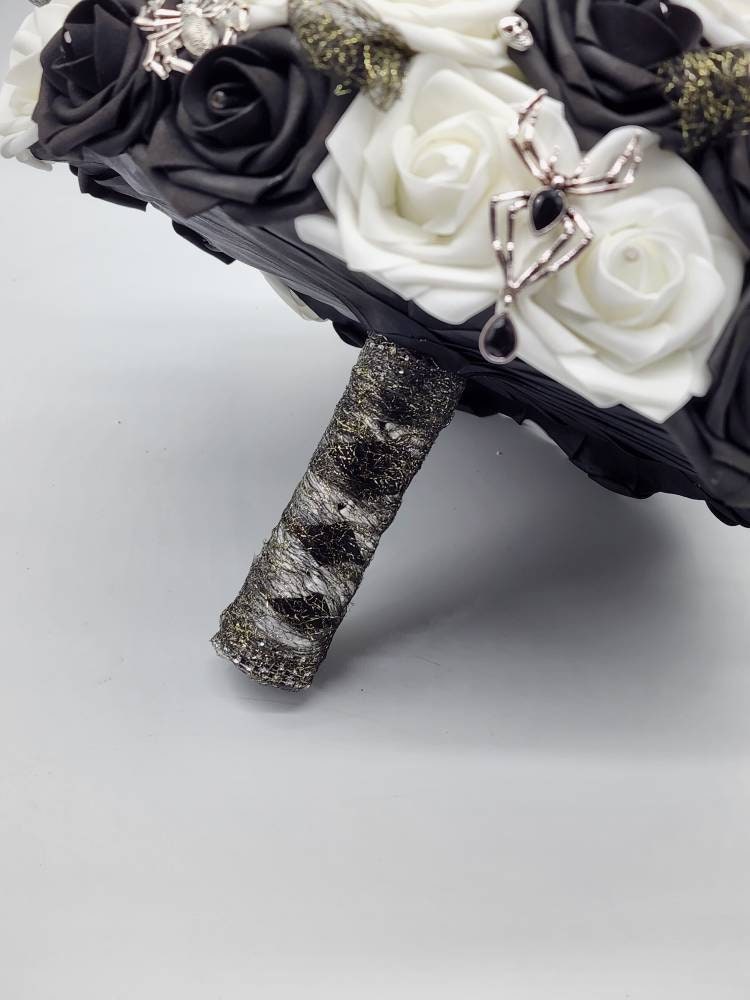 Black and White Spiderweb and Skull Bridal Bouquet,Available in 27 Colors,Halloween,Gothic, Boutonnieres and Corsages Available