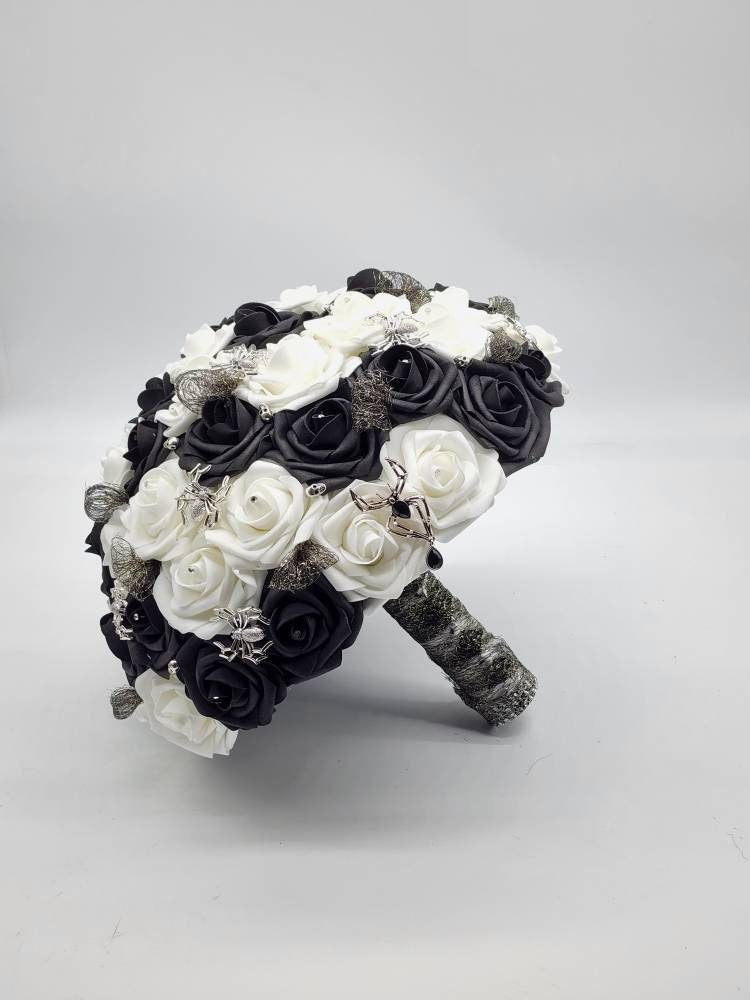 Black and White Spiderweb and Skull Bridal Bouquet,Available in 27 Colors,Halloween,Gothic, Boutonnieres and Corsages Available