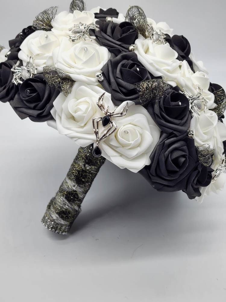 Black and White Spiderweb and Skull Bridal Bouquet,Available in 27 Colors,Halloween,Gothic, Boutonnieres and Corsages Available