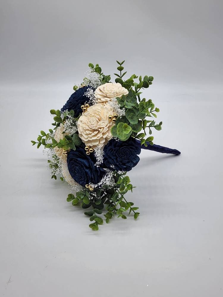 Navy Blue And White Sola Wood Flower Wedding Bouquet with Rose Gold Balls And Eucalyptus, Bridal Bouquet, Bridesmaid bouquet.