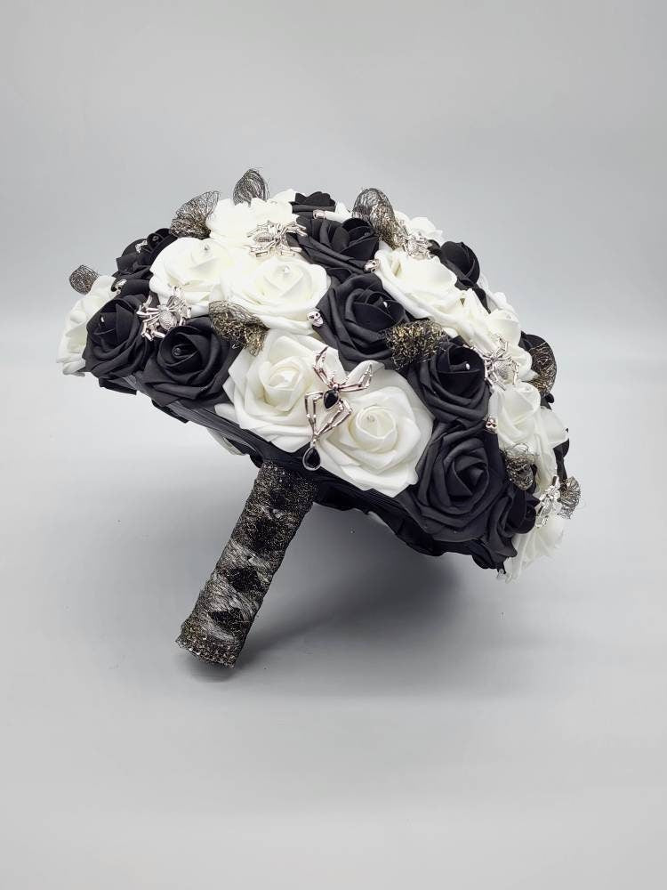 Black and White Spiderweb and Skull Bridal Bouquet,Available in 27 Colors,Halloween,Gothic, Boutonnieres and Corsages Available