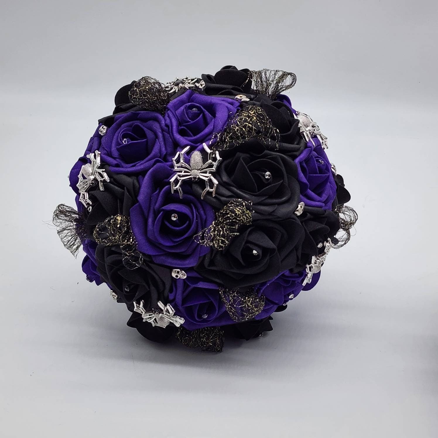 Black and White Spiderweb and Skull Bridal Bouquet,Available in 27 Colors,Halloween,Gothic, Boutonnieres and Corsages Available