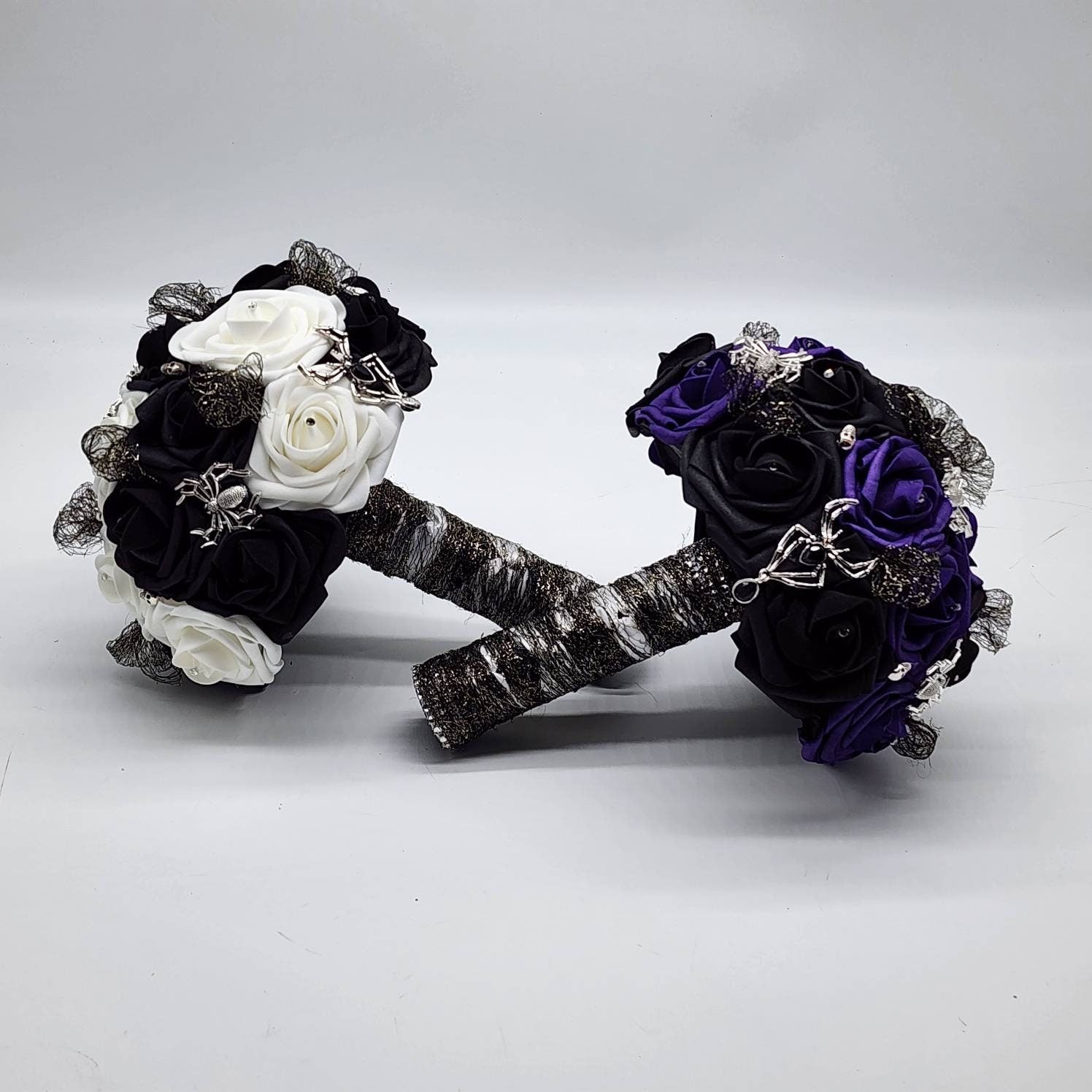 Black and White Spiderweb and Skull Bridal Bouquet,Available in 27 Colors,Halloween,Gothic, Boutonnieres and Corsages Available
