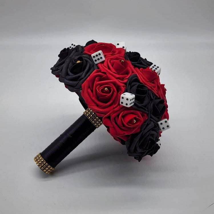 Las Vegas Themed Wedding Bouquet, Red And Black Bridal Bouquet, Bridesmaid Bouquet, Matching Boutonnieres and Corsages, Destination Wedding